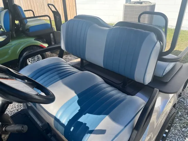 Two-tone blue channel-pleated golf cart seat upholstery